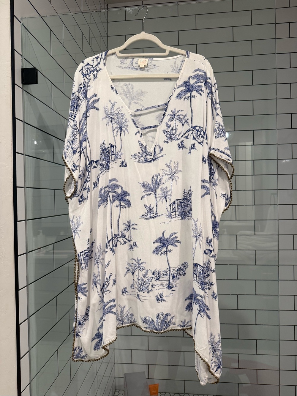 Surf Gypsy White and Blue Palm-Print Swim Coverup